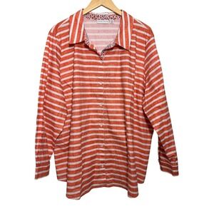 Susan Graver Womens Shirt 26W Orange White Striped Button Down Long‎ Sleeve